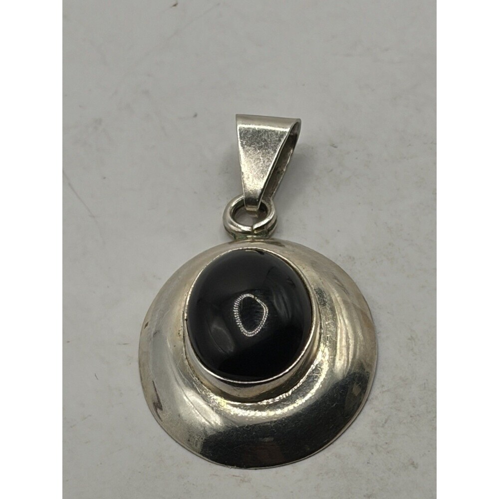 Sterling Silver 925 Black Stone Mexico Oval Cabochon Pendant Wide Modernist